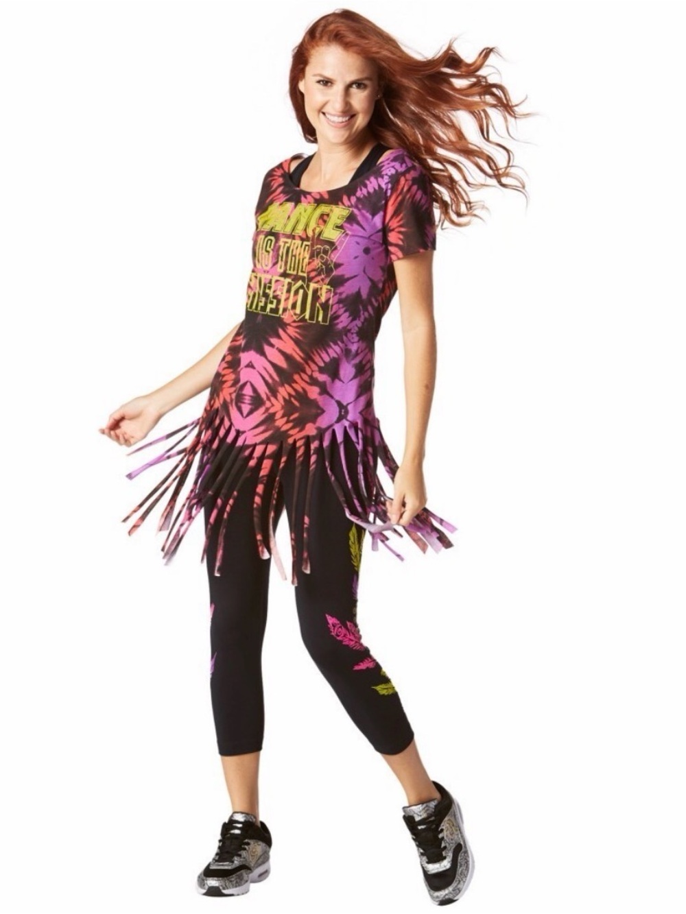 Size M Zumba WEAR Marvelous Off Shoulder Fringe Tie Dye Top Women’s Multicolor